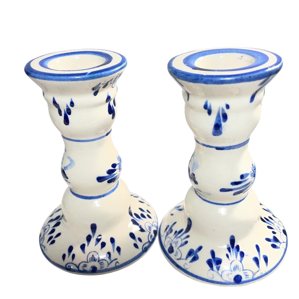 Blue and White Ceramic Taper Candlestick Holders Set of 2 Hand Painted Floral
